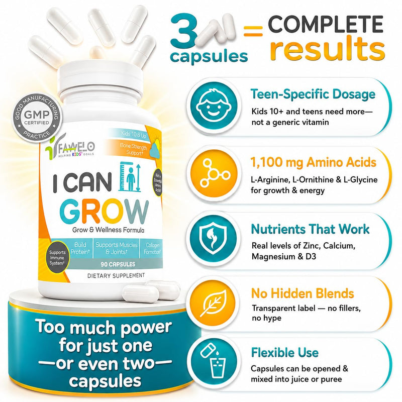 I Can Grow Day-Time Growth Support for Kids 10+ & Teens, 90 Capsules | Bone and Muscle Strength, Focus Support with L-Arginine, L-Ornithine, L-Glycine, Colostrum, Calcium, D3, Magnesium, Zinc