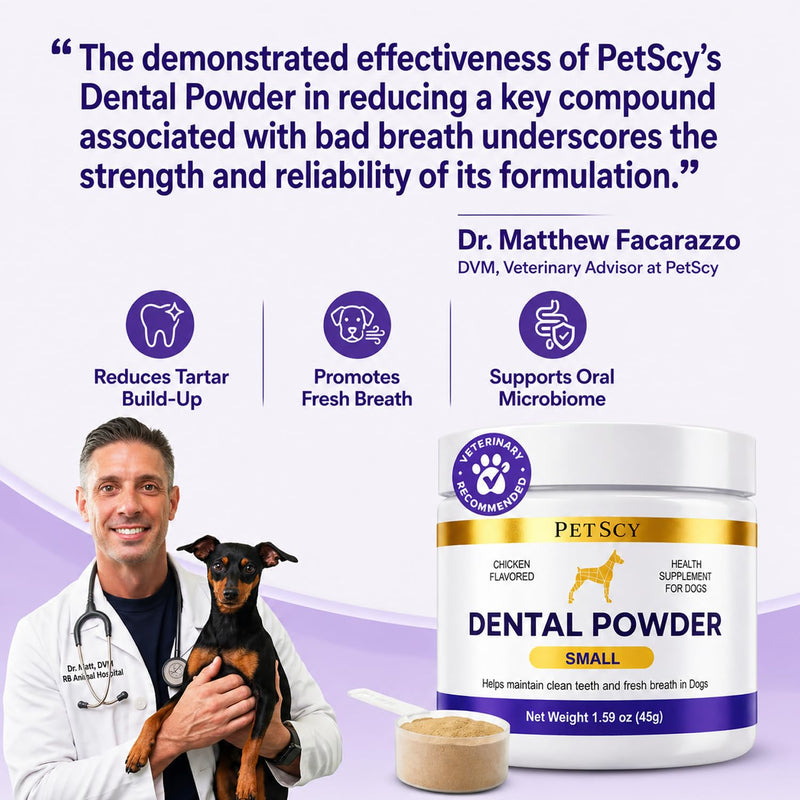 Petscy Dog Dental Powder for Teeth Cleaning & Fresh Breath Support | Helps Reduce Tartar Build Up | Plaque Off No Brush Dog Teeth Cleaning Powder & Breath Freshener | Daily Food Topper (Small Dogs) Small Dogs