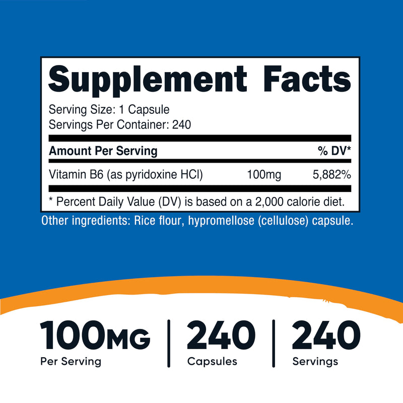 Nutricost Vitamin B6 (Pyridoxine HCl) 100mg, 240 Capsules (Pack of 2) 240 Count (Pack of 2)
