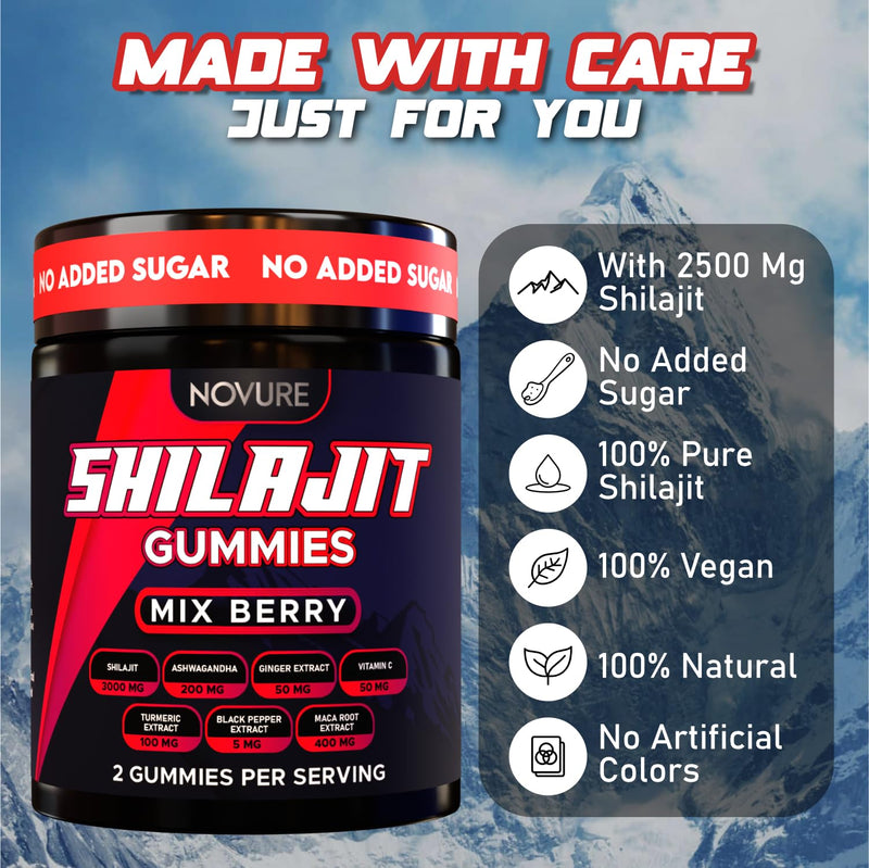 Himalayan Shilajit Gummies, No Added Sugar, Ashwagandha, Maca Root, Turmeric Extract with Vitamin C, Non-GMO, 100% Natural & Organic (60 Count, Mix Berry) 60 Count (Pack of 1)