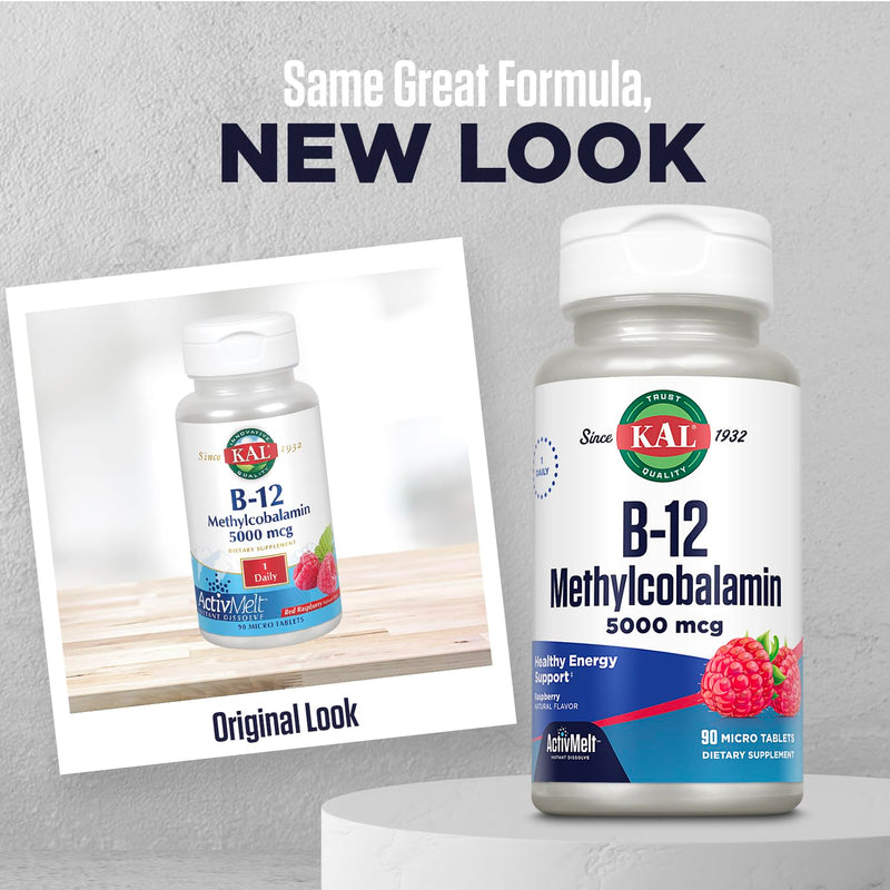 KAL Vitamin B12 Methylcobalamin 5000mcg, Healthy Energy, Metabolism, Nerve & Red Blood Cell Support,* Fast Dissolve ActivMelts, Optimal Absorption, Natural Raspberry Flavor, 90 Servings, 90 Micro Tabs | Cellular Energy, Metabolism, Nerve & Red Blood Ce...