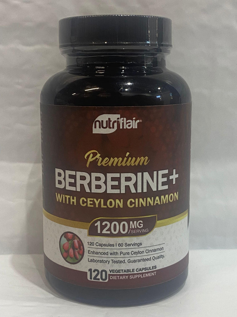 NutriFlair Premium Berberine HCL 1200mg, 120 Capsules - Plus Pure True Ceylon Cinnamon, Berberine HCI Root Supplements Pills - Immune System - yields an Optimal 8% HCl
