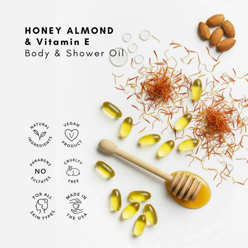 Olivia Care Honey Almond Body & Shower Oil with Vitamin E – Nourishing Moisturizing Oil, 8 fl oz