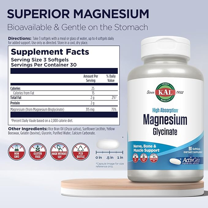 KAL, Magnesium Glycinate, 90 Softgels - BeesActive Australia