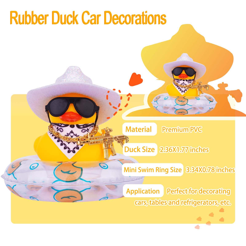 Rubber Duck for Car Dashboard, Cowboy Duck Car Dashboard Decoration Car Duck Ornament Accessories with Mini Swim Ring Glitter Cowboy Hat Scarf Necklace and Sunglasses(B-G5)