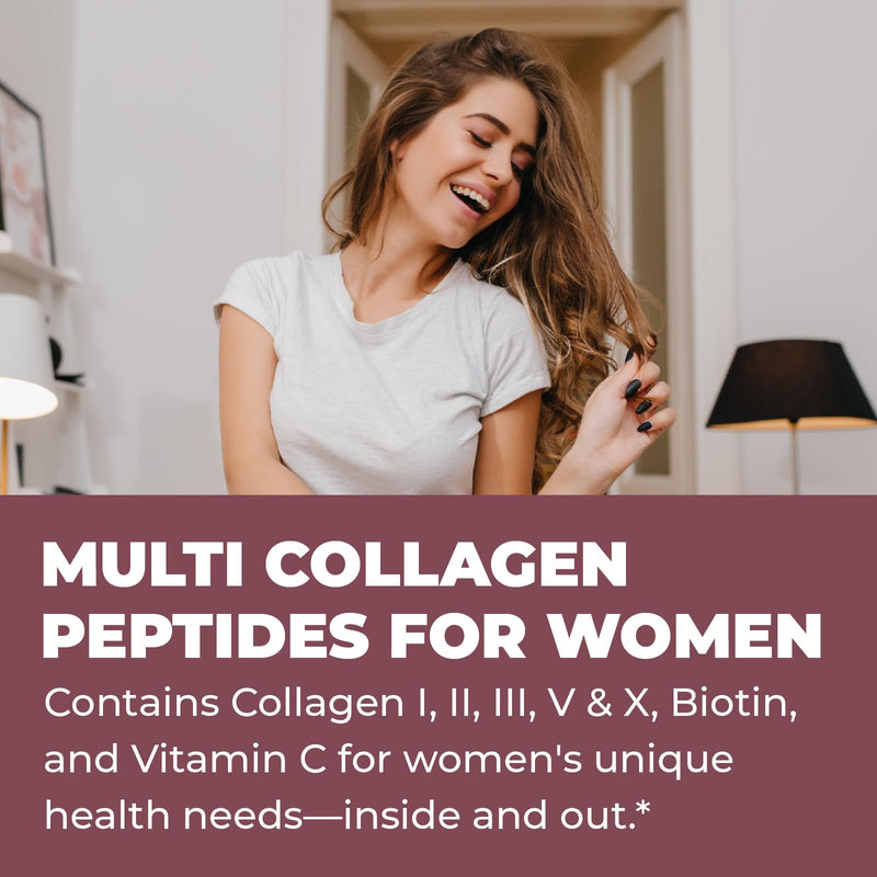 Multi Collagen Powder with Biotin, Hyaluronic Acid & Vitamin C, 16oz | Hydrolyzed Collagen Supplement Types I, II, III, V, X - Supports Hair, Skin, Nails for Women - Non GMO, 3rd Party Lab Tested 1 Pound (Pack of 1)