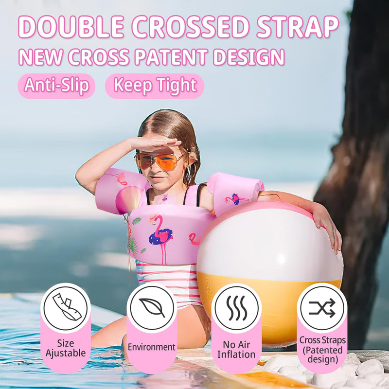 Toddler Swim Vest with Swimming Arm Floaties for 2-6 Years Old (22-66 lbs) Boys-Girls Kids Pool Floats Water Wings & Swim Jacket Niños Swimmies for Beach Boats Pink-Flamingo