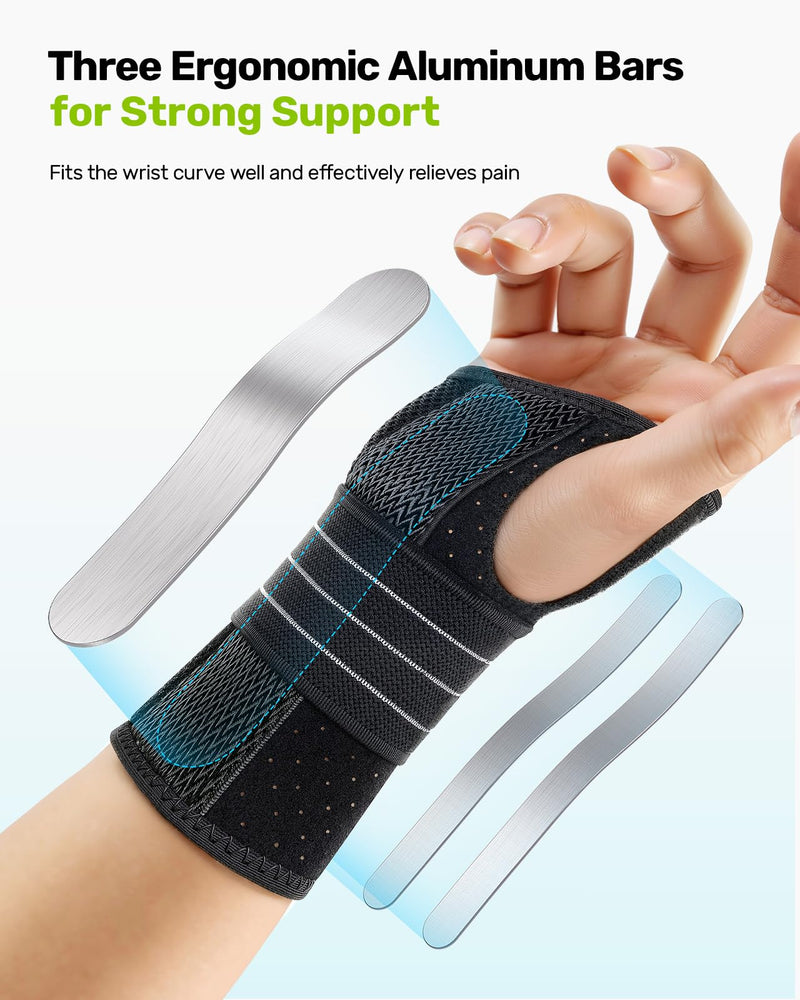 Carpal Tunnel Wrist Brace Left Hand, Adjustable Night Wrist Support with 3 Metal Splints, Hand Brace for Men Women No Pressure on Thumb, Splint Stabilizer for Work, Arthritis, Gray Medium