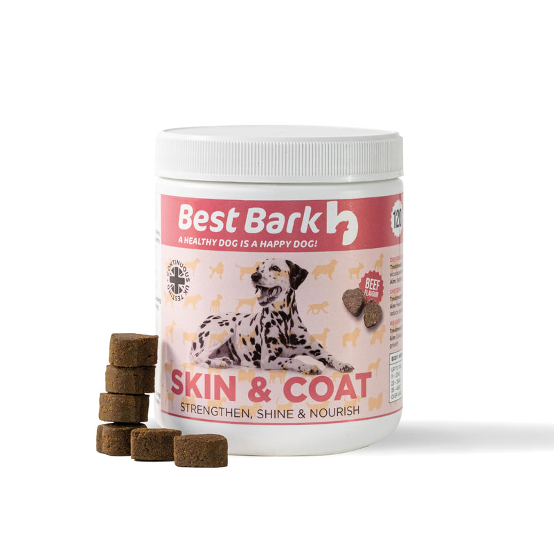 Omega 3 Skin & Coat Dog Supplements – 120 Soft Chews with EPA & DHA, Collagen, Biotin & Zinc – Helps Itchy Skin, Shedding & Dry Coat – Natural Beef Flavour