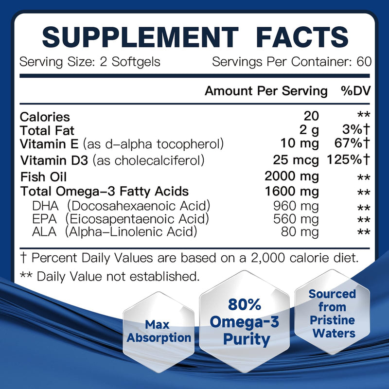DRFOSTER Advanced Omega-3 Fish Oil 2000mg with DHA, EPA & ALA, 120 Softgels | High Potency DHA, EPA, and ALA with Vitamin D3 and E, Supports Heart, Brain, Joint, and Immune Health, Antioxidant 120 Count (Pack of 1)