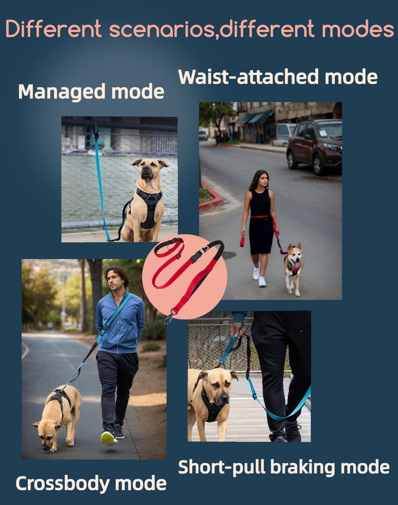 Dog Leash, Hands Free - 6-in-1 Reflective Bungee Leash Design for Large & Medium & Small Dogs, Adjustable Bungee Nylon Belt for Running, Hiking & Daily Walks Blue