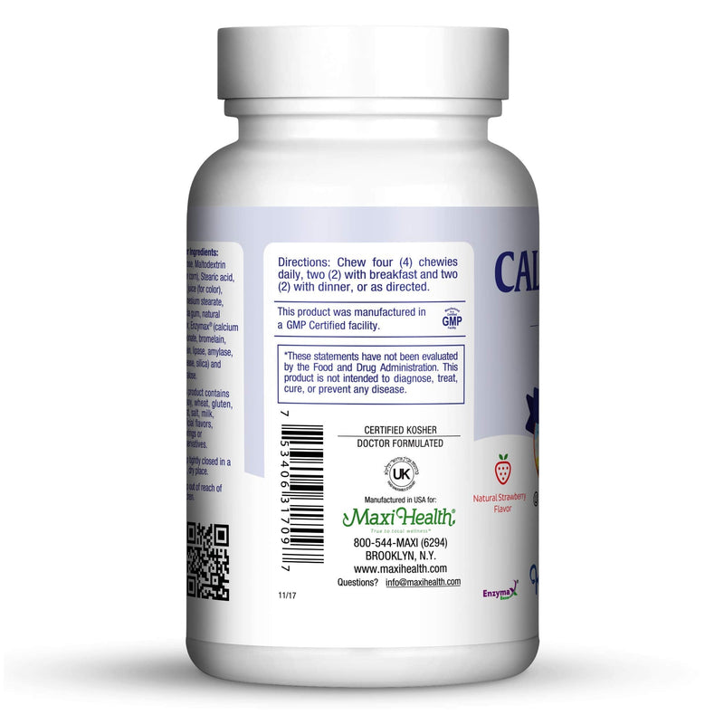 Maxi Health® Kids Calcium Supplement with D3 & Magnesium (90 Chewables) | Kosher | Chewable Calcium with D3 & Magnesium | Strawberry | Bone & Teeth Support | Vegetarian · Non-GMO | Doctor Formulated 1 Count (Pack of 1)