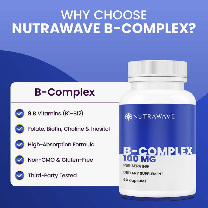 Nutra Wave Super B Complex Vitamins for Women & Men, High Potency B1 B2 B3 B5 B6 B7 B9 B12 with Choline & Myo-Inositol, Energy & Brain Support, Made in USA, Vegan Non-GMO, 60 Capsules 60 Count (Pack of 1)