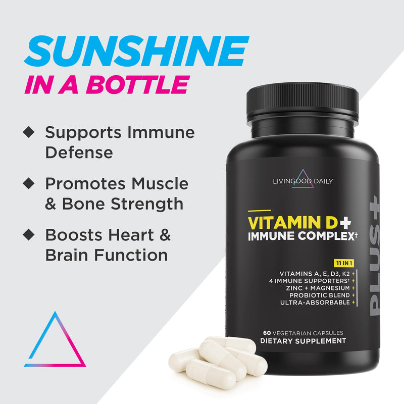 Livingood Daily Vitamin D3 K2 4000 IU Supplement, 9-in-1 Dietary Supplement for Immune Support - Made with Vitamins D, A, E, K2, Zinc, Magnesium & Probiotic Blend for Maximum Absorption - 60 Capsules - BeesActive Australia