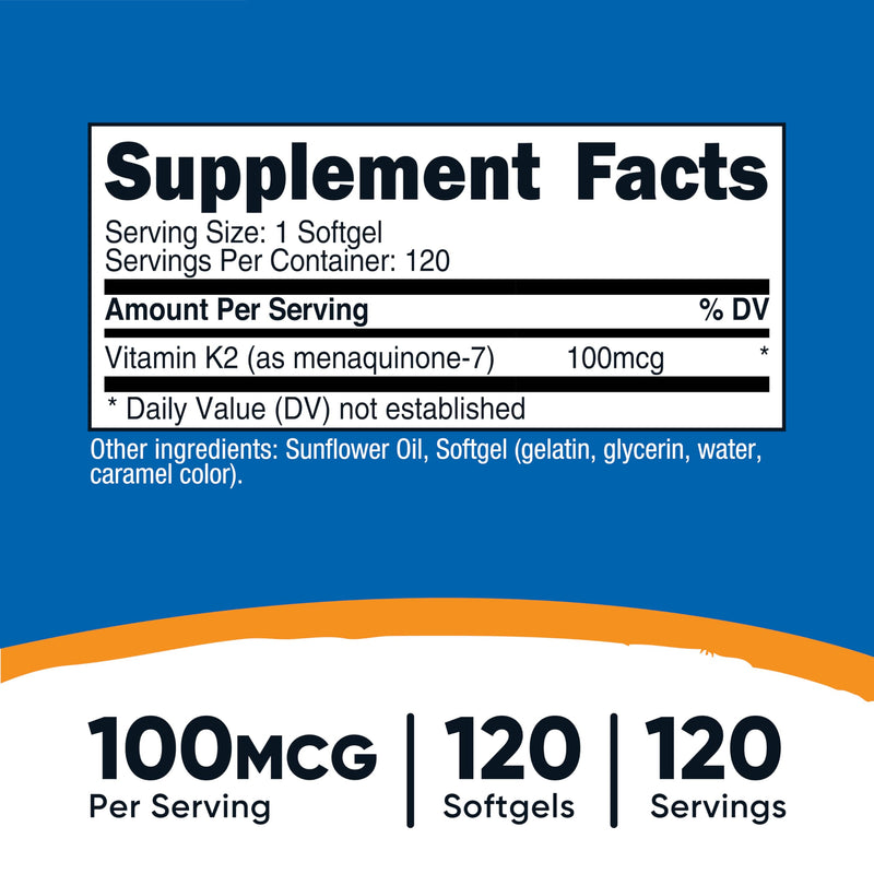 Nutricost Vitamin K2 MK-7 Supplement (100 mcg) 120 Softgels - GMO-Free 120 Count (Pack of 1)