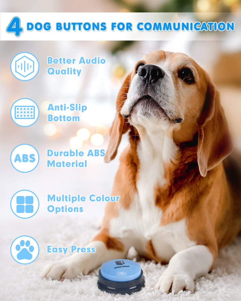 Dog Buttons for Communication, 4 Dog Talking Button Set, Speaking Buttons for Cats and Dogs, 30s Voice Recordable Pet Training Buzzer with Waterproof Dog Activity Mat and 24 Scene Stickers 4Pack - BeesActive Australia