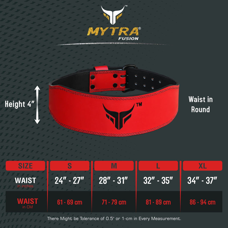Mytra Fusion Weight Lifting Belt Double Prong Buckle Power Lifting Back Support Belt 100% Leather Gym Belts for Weightlifting Weight Lifting Belts for Men Women, Powerlifting, Strength Training Red S