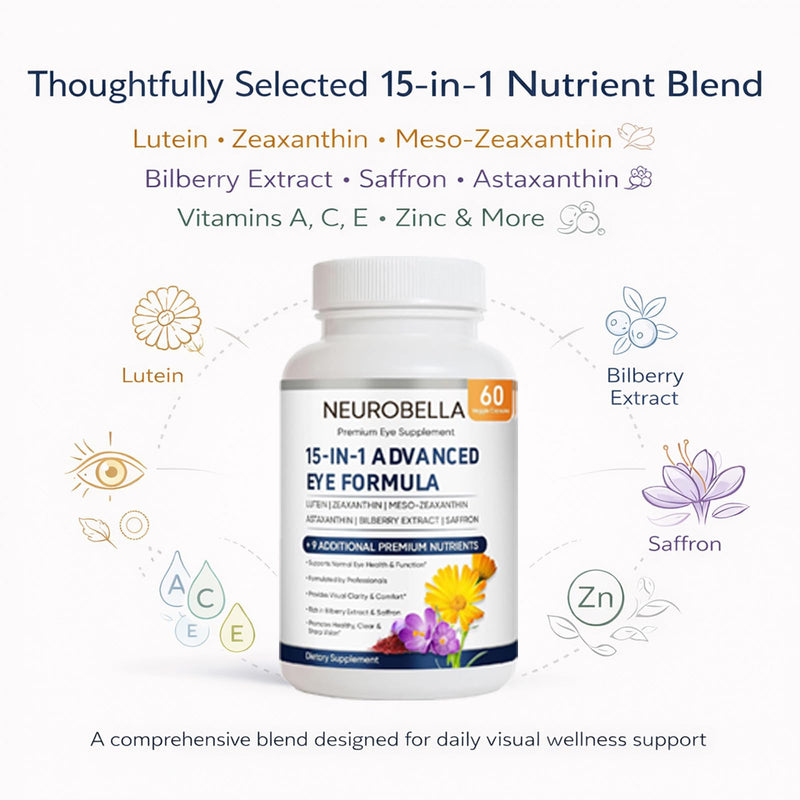 Neurobella Eye Formula, 15 in 1 Daily Eye Wellness Supplement with Lutein Zeaxanthin Bilberry & Vitamins, Clean Capsule Formula for Adult Wellness Routine (1)