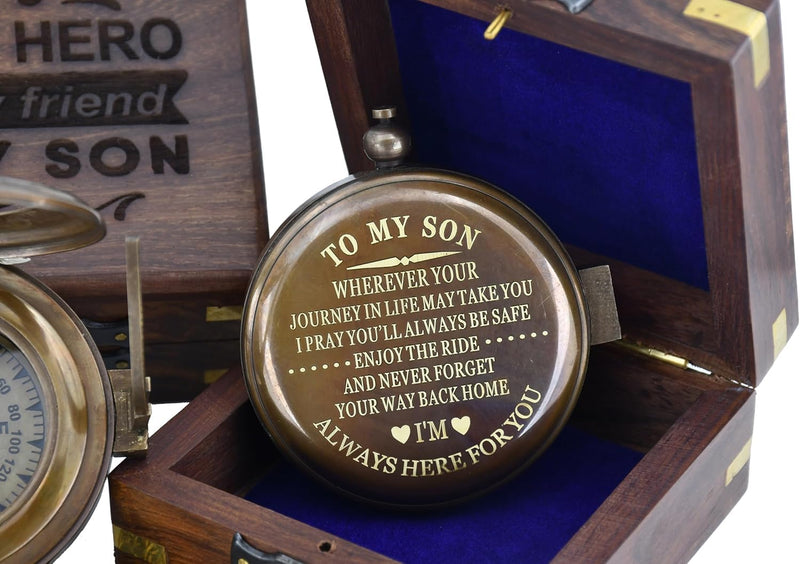 Son Gifts Mom and Dad, to My Son Compass Comes Grain Leather Case Brass Nautical - Personalized Sundial Compass, Birthday Gifts, Graduation Gifts Wooden Box - BeesActive Australia