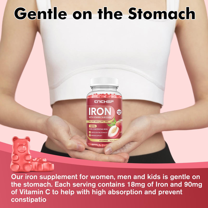 2PCS Iron Supplement for Women & Men Gummies, Multivitamin Blood Builder Iron Supplement with Folate Vitamin C B12 B6 Zinc for Adults & Kids - Energy Support - Peach Flavor, Vegan 120 Gummies 60 Count (Pack of 2)