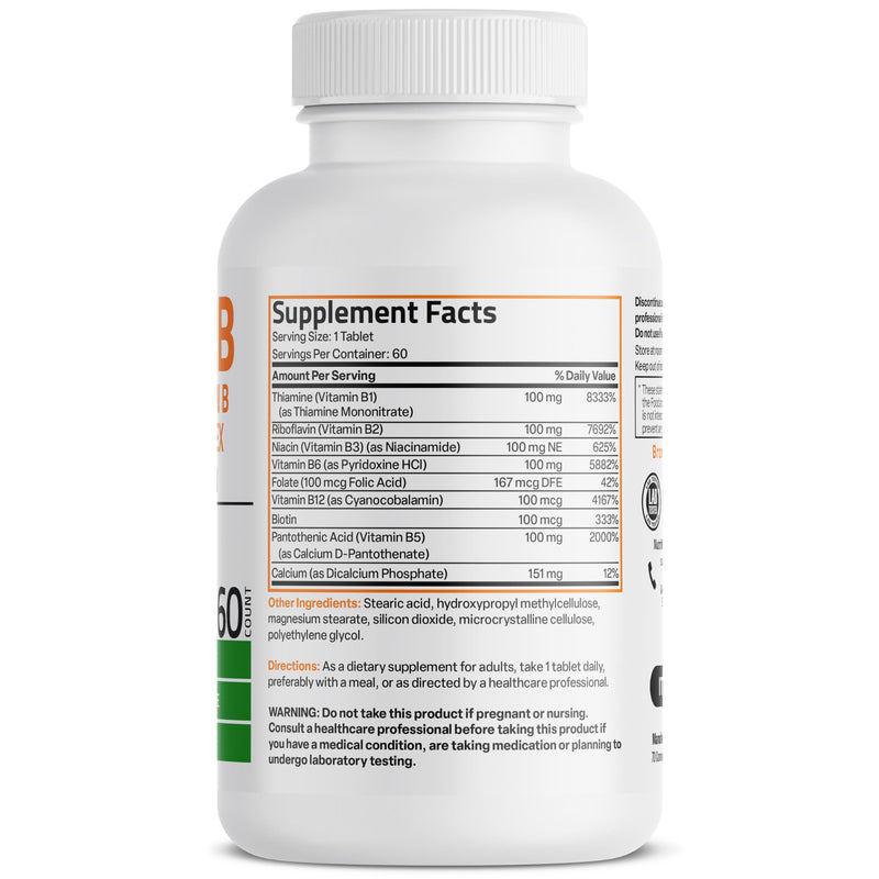 Bronson Super B100 Vitamin B Complex Sustained Release, 60 Tablets | B1, B2, B3, B6, Folic Acid, B12, Biotin & Pantothenic Acid, Energy & Nerve Support, Non-GMO, Gluten-Free & Soy-Free Unflavored 60 Count (Pack of 1)