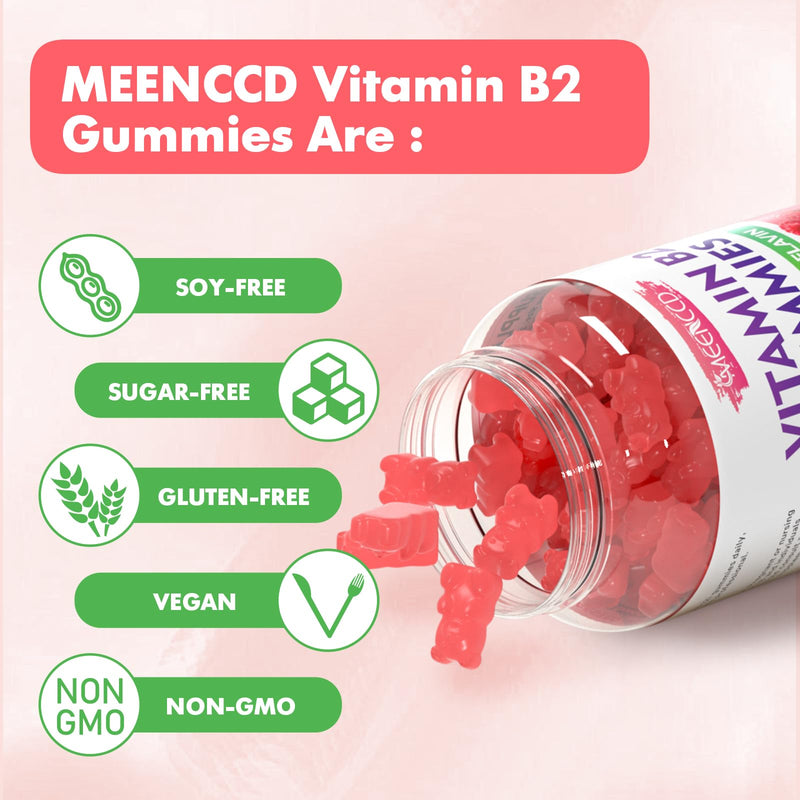 MEENCCD 2 Pack Vitamin B2 Gummies Riboflavin 400mg Supplement with Magnesium for Kids & Adults, B2 Gummies for Migraine Relief Support, Vegan, Sugar-Free, Raspberry Flavor, 120 Count 60 Count (Pack of 2)