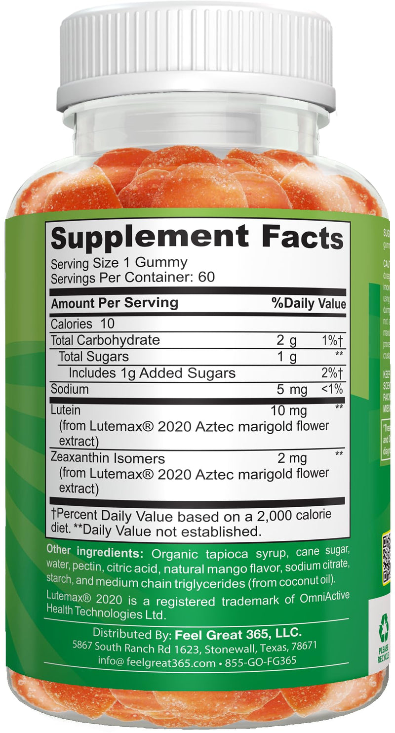 Feel Great Kids Gummy Vitamins for Eyes | Essential Eye Vitamins Lutein and Zeaxanthin | Mango Flavored Vegan Eye Vitamins for Kids | Gluten Free | 60 Day Supply