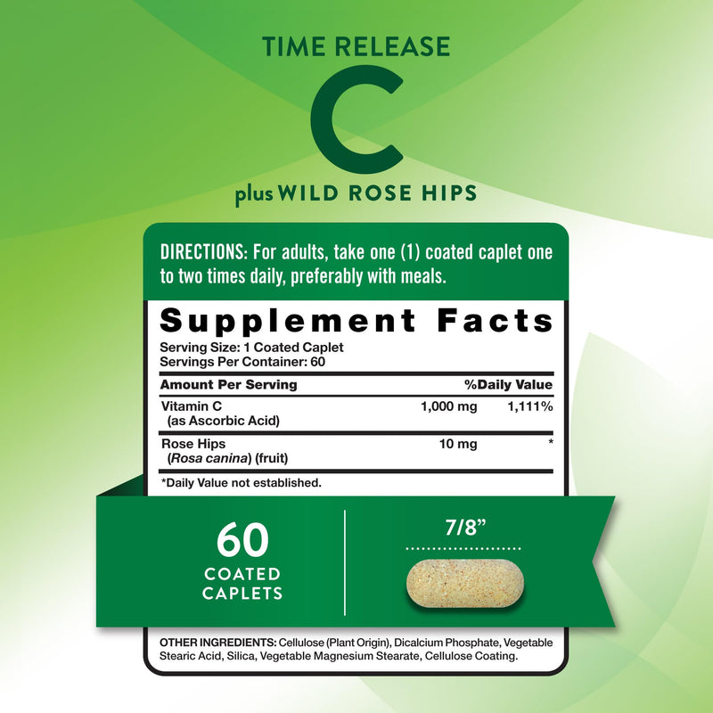 Nature's Truth Vitamin C with Rose Hips 1000mg | 60 Coated Caplets | Vegan, Non-GMO & Gluten Free Supplement Unflavored 60 Count (Pack of 1)