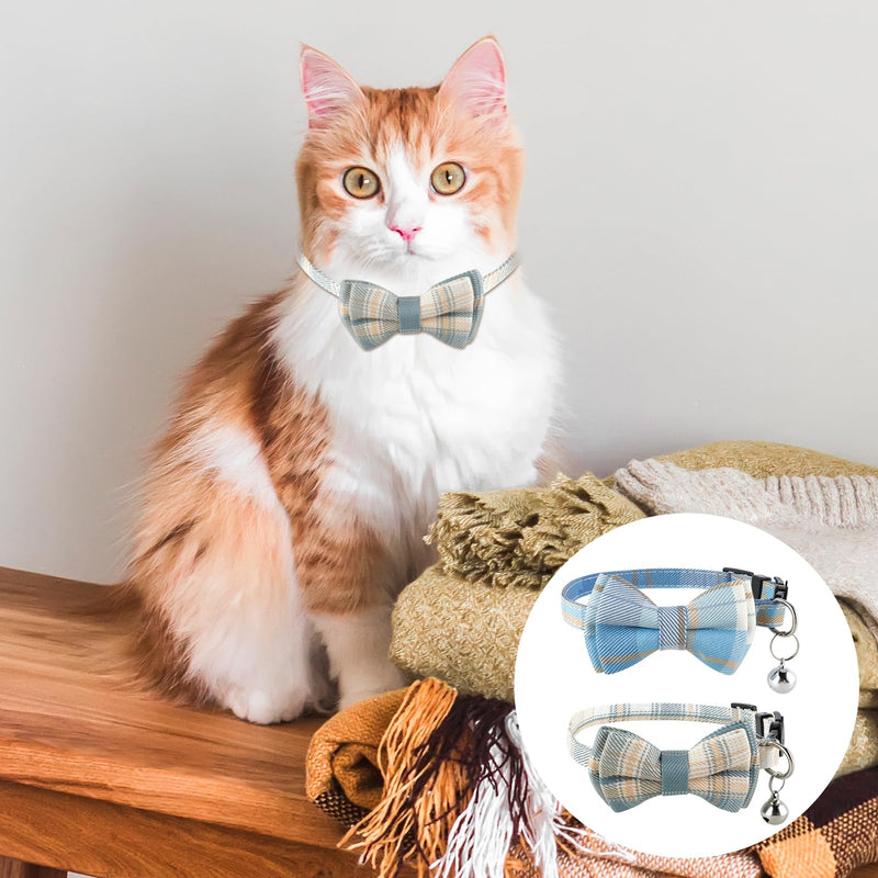 Jeffdad 2Pcs Cat Collar Breakaway, Cat Collar with Bells Bowtie Plaid Cat Collar Adjustable for Kitten Puppy and Small Pets (Blue and White Plaid) Blue and white plaid - BeesActive Australia