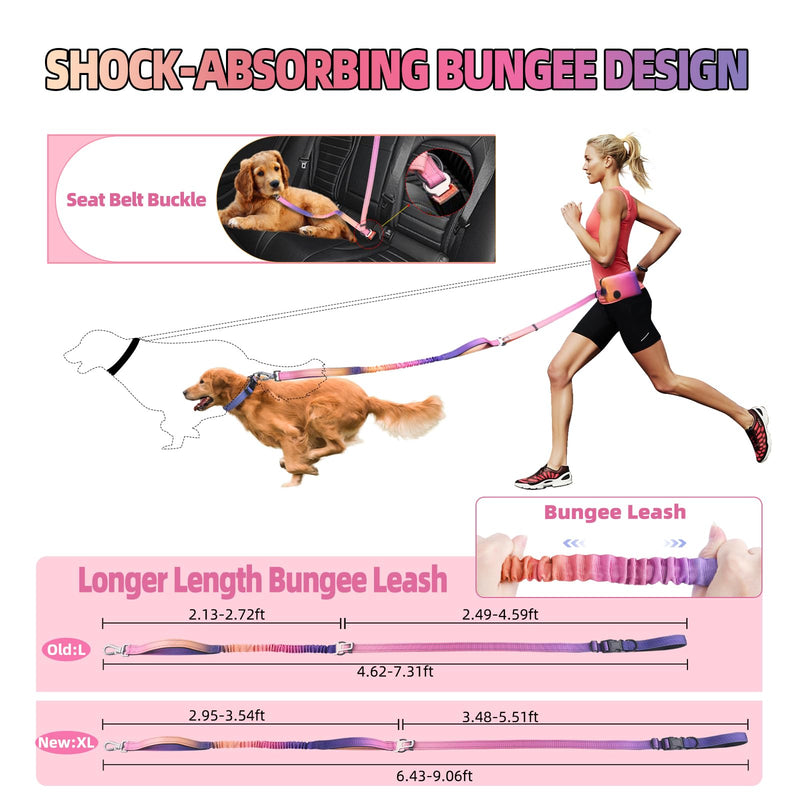 Roses&Poetry Hands Free Dog Leash with Zipper Pouch, 6-9ft Bungee Waist Leash for Medium Large Dogs Walking, Running Lead with Dual Padded Handles Car Safety Buckle for Training Jogging Mistyrose (XL) 6-9FT With Zipper Pouch, 2 Handles - BeesActive Australia