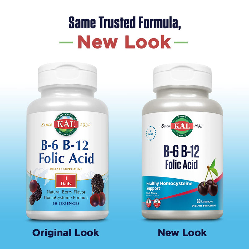 KAL Vitamin B-6 B-12 Folic Acid Supplement, B Vitamins for Healthy Energy, Heart & Red Blood Cell Support, w/Vitamin B12 Methylcobalamin and Folate, Natural Cherry, Gluten Free, 60 Serv, 60 Lozenges