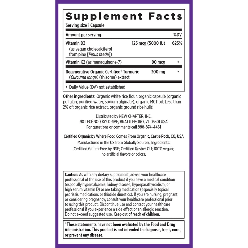 New Chapter Vitamin D3 5000 IU and Vitamin K2 Supplement, 30 Count | Bone, Heart, Cellular Energy, and Immune Support with Healthy Inflammation Response, Organic Turmeric, Vegan