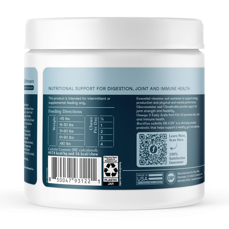 Fera Pets Dog Multivitamin Chews with Glucosamine and Probiotics - Essential Dog Vitamins & Minerals - Promotes Healthy Digestion & Joints - Boosts Skin & Coat Health with Omega-3s - 30 Soft Chews 30 Chews