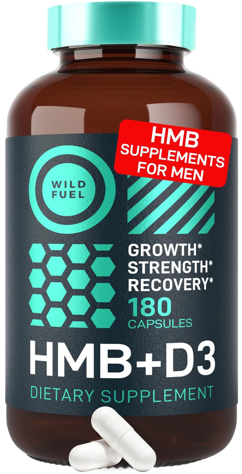 WILD FUEL 3,000mg HMB Supplement Plus Vitamin D3 - Muscle Growth, Strength, Fast Workout Recovery HMB Supplements for Men and Women - Calcium Beta-Hydroxy Beta-Methylbutyrate - 180 Capsules 180 Count (Pack of 1)