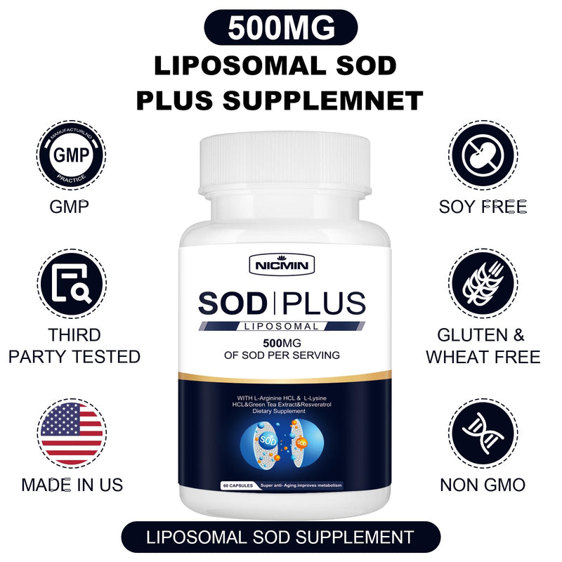 Superoxide Dismutase Supplement 500mg - SOD Plus with Liposomal Glutathione, AKG, Green Tea Extract, L-Arginine, Lysine, Resveratrol and Vitamin E for Immune Support, Antioxidant 180 Capsules
