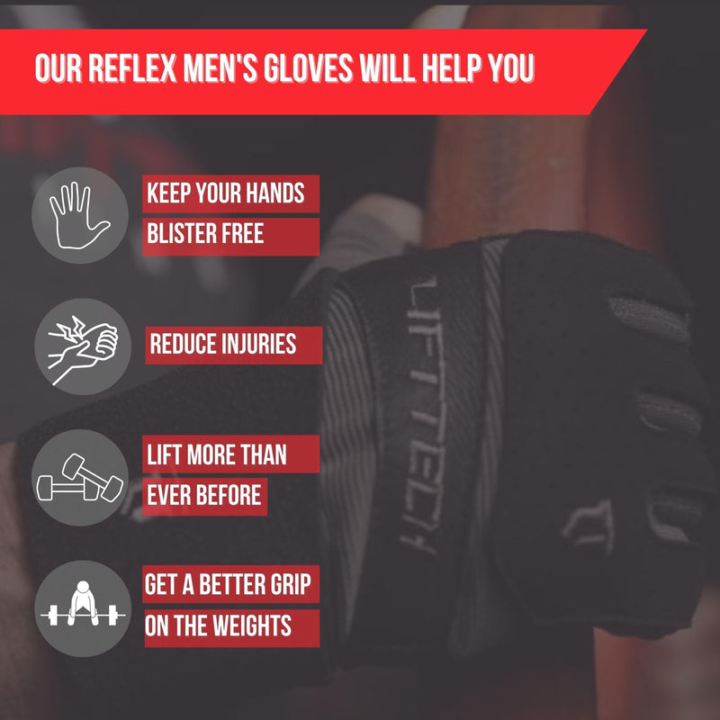 Lift Tech Men's Reflex Weight Lifting Gloves for Men - Workout Gloves for Men Into Weights, Strength Training, Powerlifting - Washable Exercise Gloves for Men - Red & Black,M