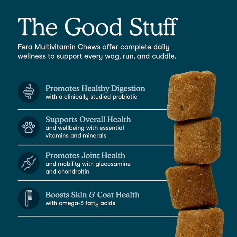 Fera Pets Dog Multivitamin Chews with Glucosamine and Probiotics - Essential Dog Vitamins & Minerals - Promotes Healthy Digestion & Joints - Boosts Skin & Coat Health with Omega-3s - 10 Soft Chews 10 Chews