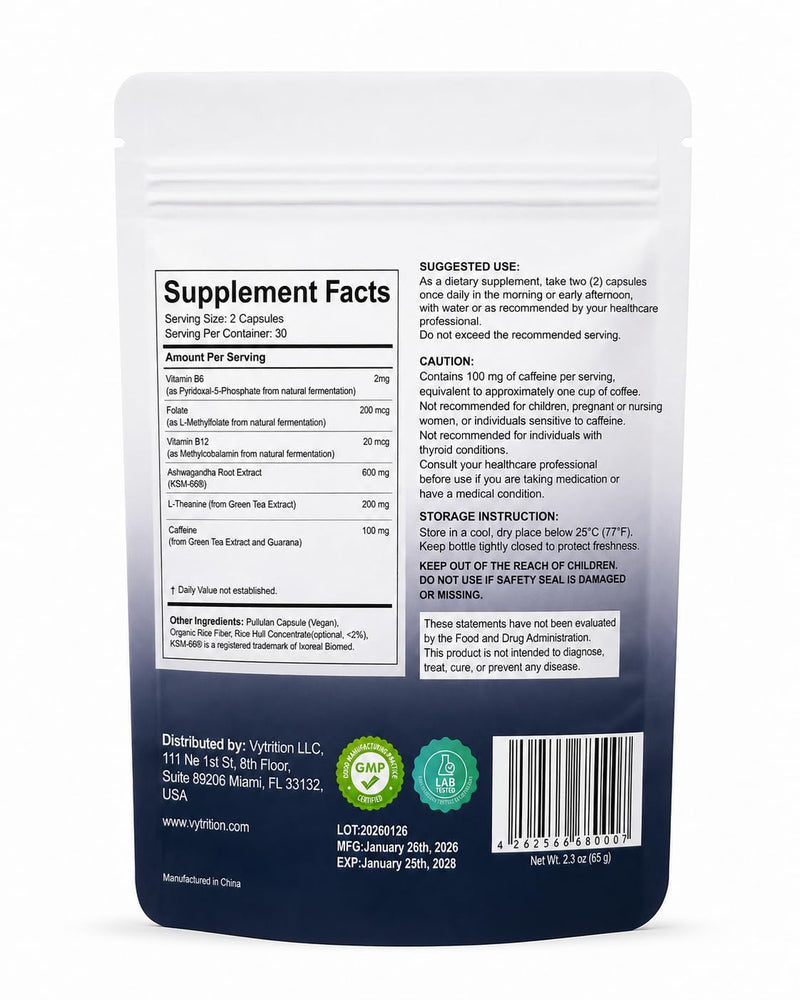 Focus, Brain & Energy Supplement, 60 Count — Green Tea L-Theanine 200mg + Natural Caffeine 100mg — Calm Focus, Mental Clarity, No-Crash Energy — Vegan, Methylated B-Vitamins, Lab-Tested