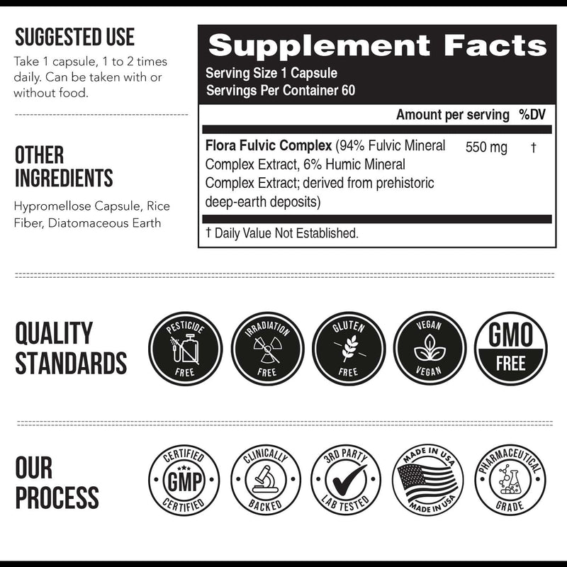 Flora Fulvic | Fulvic Acid + Humic Acid Complex – 550 mg |Mined in Utah, Prehistoric Deep Earth Extract | Immunity, Gut, Digestion – Natural Trace Mineral Complex, Fulvic Acid Supplement – 60 Capsules - BeesActive Australia