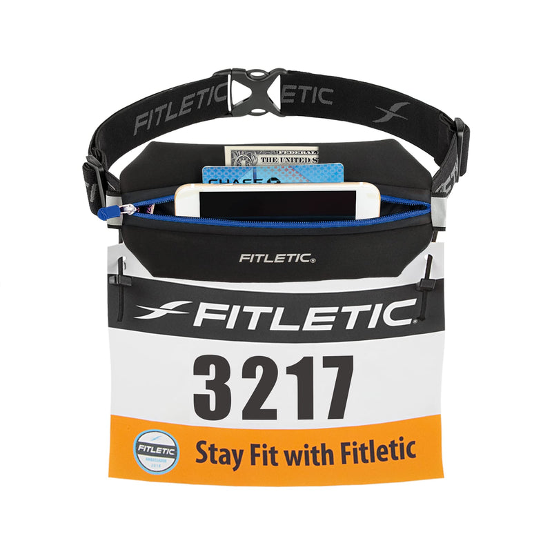 Fitletic Neo Race Belt, Black & Blue | Unique No Bounce Design for Marathon, Triathlon, Trail, 5k, 10k | Running Belt | N01R-04