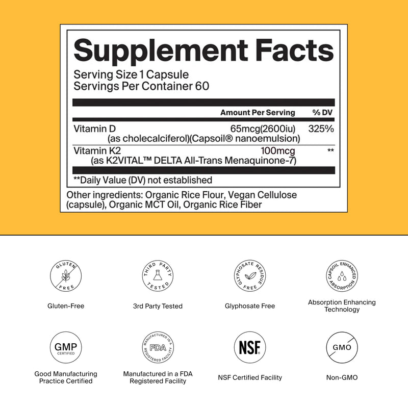 The Absorption Company Vitamin D3 K2-60 Muscle Support Capsules - 5000iu | Bioavailable Heart Health Aid, Workout & Sore Recovery Supplement, Bone & Immune Health Vitamins, 1.9x Higher Absorption