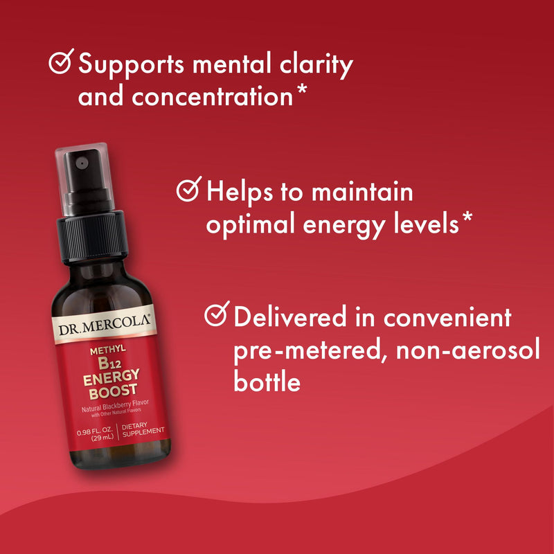Dr. Mercola Methyl B12 Energy Boost, BlackBerry, 0.98 fl oz (39 Servings) | Fast-Absorbing Spray with 1,000 mcg Active Vitamin B12 as Methylcobalamin, Gluten-Free, Vegetarian-Friendly 0.85 Fl Oz (Pack of 1)