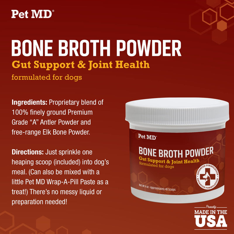 Pet MD Bone Broth for Dogs - Dog Food Toppers with Vitamins, Amino Acids, Natural Joint and Digestion Support - Made from Grade A Free Range Elk Bone Powder - 4 oz - PawsPlanet Australia