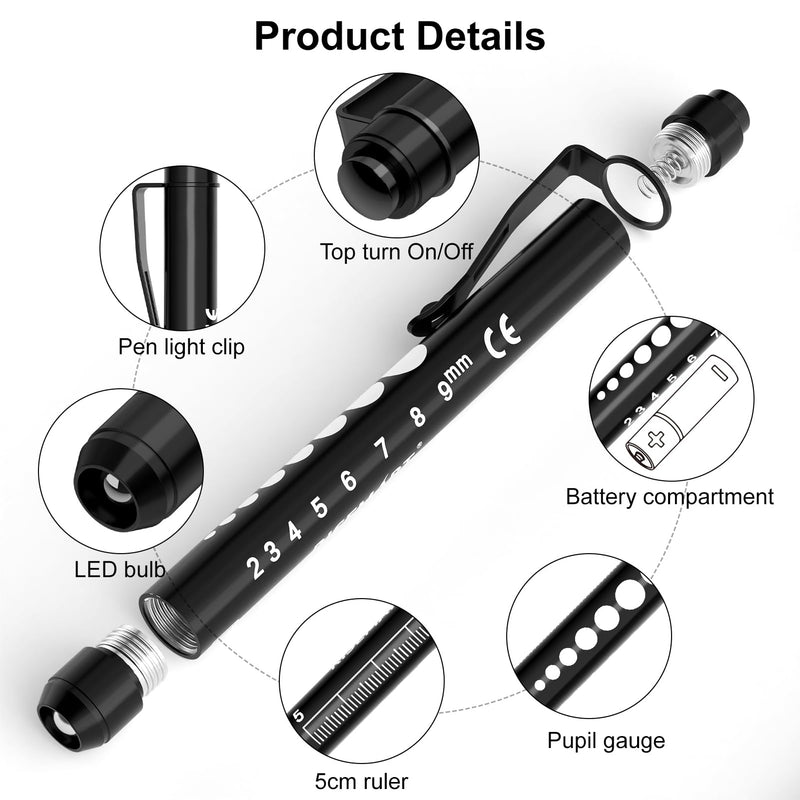 RISEMART Pen Light, Nurse Led Medical Penlight with Pupil Gauge for Nursing Students Doctors Black and Silver with Batteries Black + Silver - BeesActive Australia