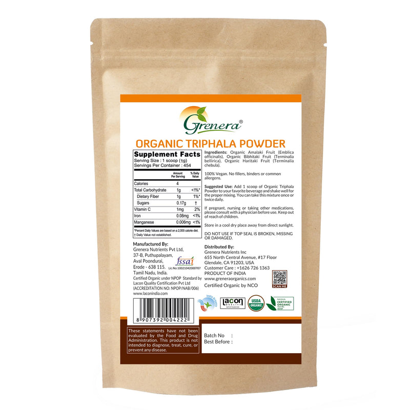 Grenera Organic Triphala Powder 1 lb (16 Ounce) 454 Grams - Made with Organic Amalaki, Organic Bibhitaki, Organic Haritaki Fruit - USDA Organic, Vegan, Kosher Certified - BeesActive Australia