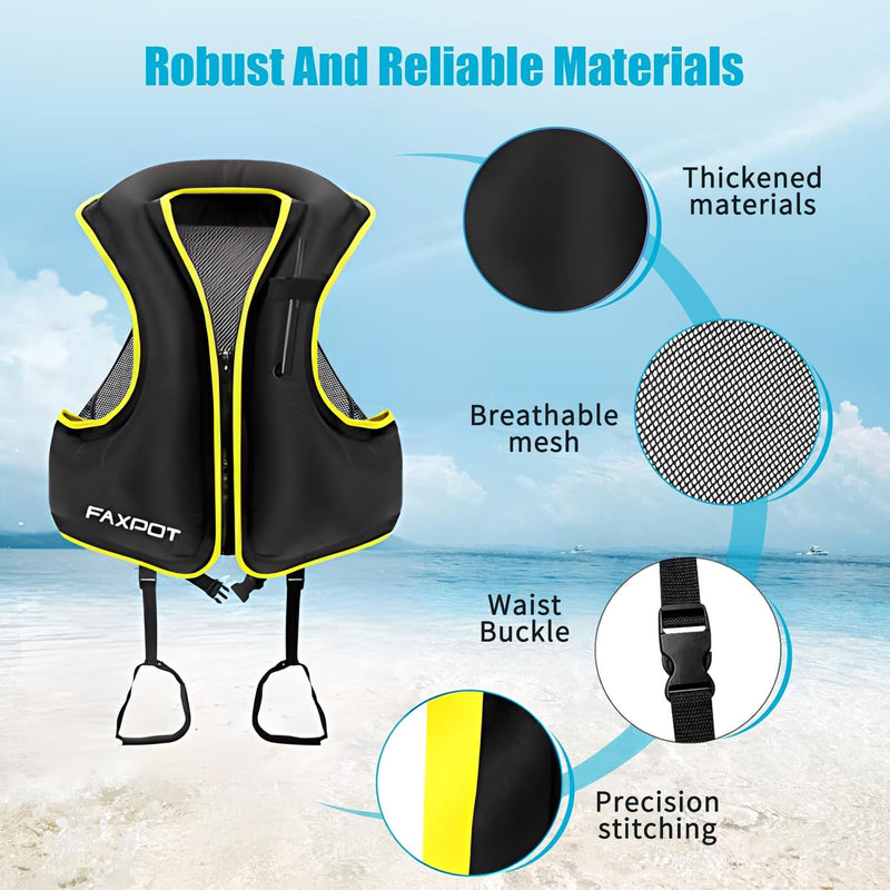 Inflatable Snorkel Vest Adult, Snorkeling Vest for Men & Women, Portable Inflatable Swim Vest Jacket, for Snorkeling/Kayaking/Swimming/Boating Black Large-X-Large