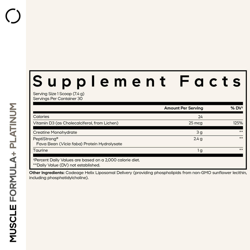 Codeage Muscle Formula+, Creatine, PeptiStrong, Taurine, Unflavored, 8 oz | Liposomal creatine monohydrate with PeptiStrong, taurine and vitamin D3. Unflavored powder.