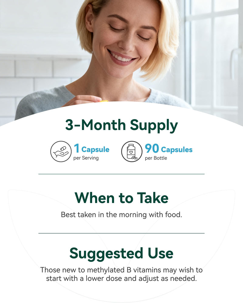 Inner Brightness Vitamin B Complex - Fully Methylated Active B12, B6, Folate - for Energy, Focus, Mood & Nerve Health - Non-GMO Vegan Gluten-Free with B1, B2, B3, B7-90 Capsules for 3 Months 90 Count (Pack of 1)