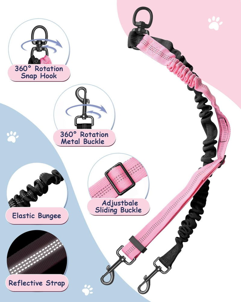 Vastar Pet Double Dog Leash, Tangle Free Bungee Dog Leash Coupler, 360° Swivel Double Dog Walking & Training Leash, Adjustable Strap, Comfortable Shock Absorbing Reflective Bungee Lead for Two Dogs Black+Pink - BeesActive Australia