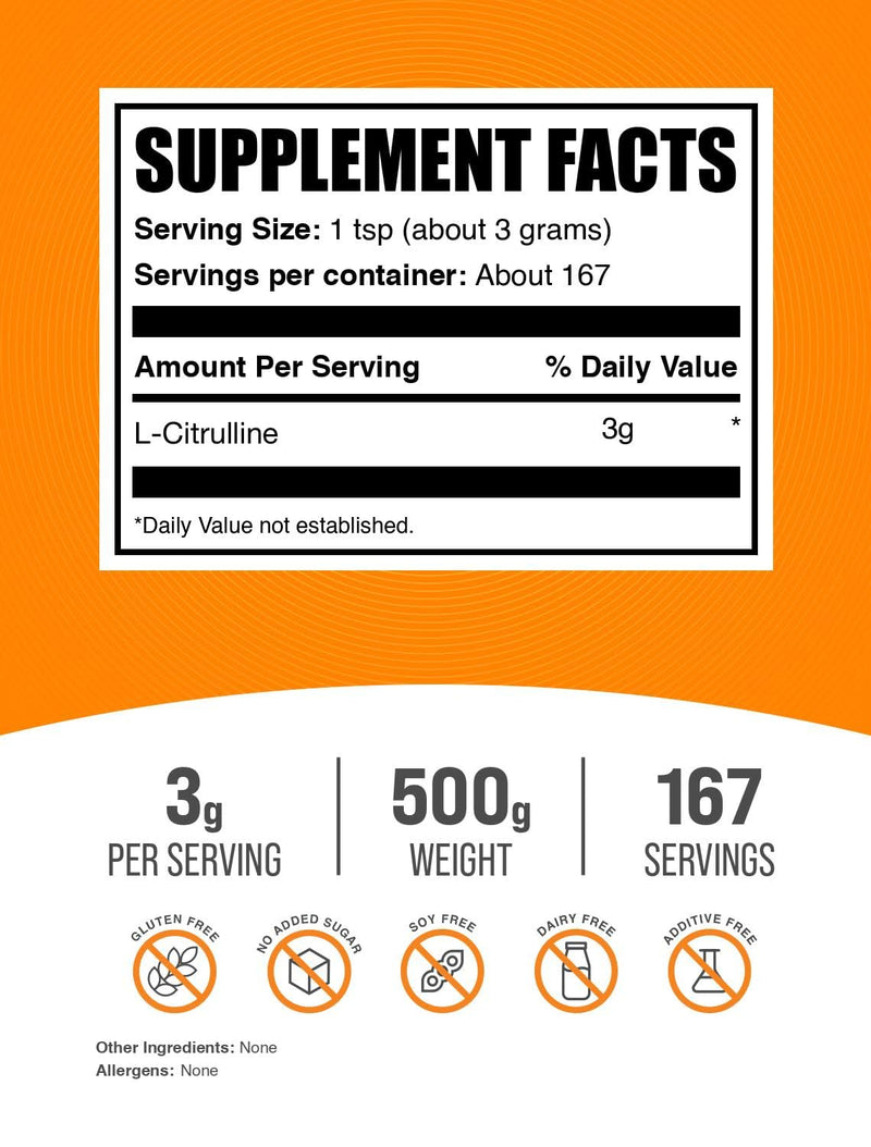 BulkSupplements.com L-Citrulline Powder - Citrulline Supplement, Nitric Oxide Supplement - Unflavored & Gluten Free - 3g per Servings, 500g (1.1 lbs) (Pack of 1) 1.1 Pound (Pack of 1)